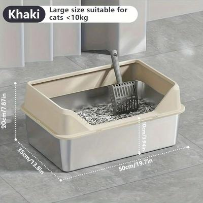 Uplift Essentials XL Stainless Steel High Sided Litter Box With Anti Scatter Lid khaki 19.7 In