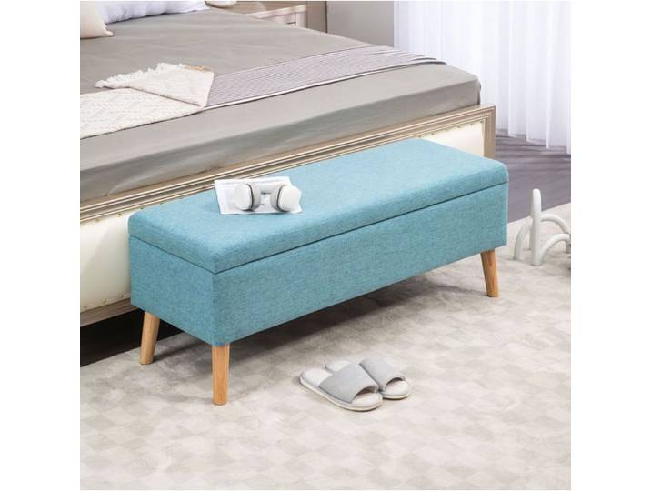 ROVRYN Banc coffre rembourré 110 cm bleu en polyester aspect lin style scandinave