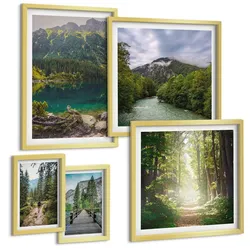 BILDER SET 5er Set - 50x50 cm & 20x30 cm & 40x60 cm Goldrahmen - Straße Wald Berge Hirsch Natur