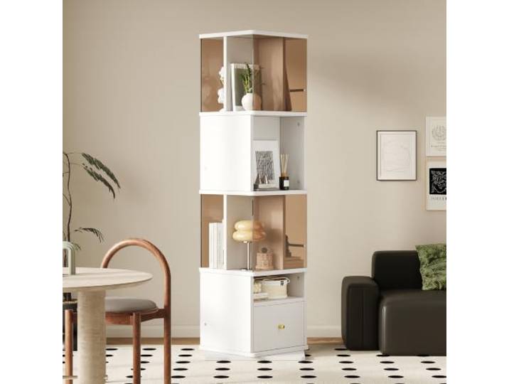 BXEYXE 50 * 50 * 160cm, drehbare Vitrine, braunes gehärtetes Glas, MDF-Melaminplatte, Drehteller, MDF-Melaminplatte, Schubladenschienen, goldene Griffe, weiß + braun.