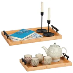 Relaxdays Tablett 2er Set aus Bambus Hellbraun,Schwarz