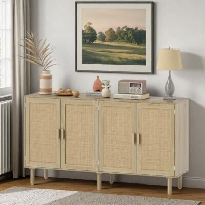 ZWYO HOSIMU "62.2"" Farmhouse Storage Sideboard Cabinet with Rattan Doors, a Wide Top and Storage Shelves"
