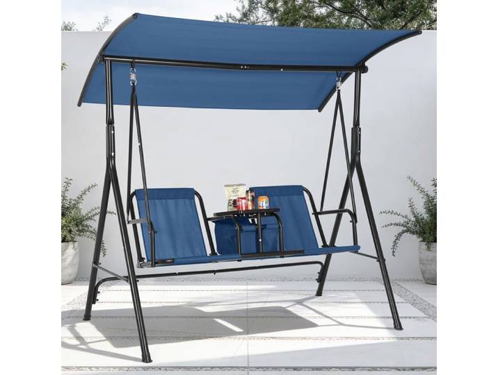 Balançoire double extérieure - LUNSY - Mouvement fluide - Porte-gobelets intégrés - Table centrale rotative