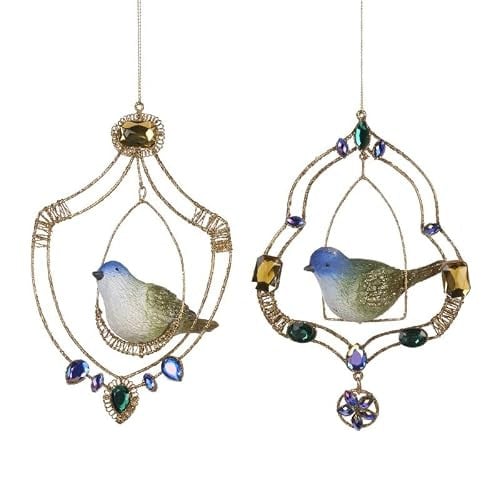 Goodwill Kersthanger Vogel op schommel Goud Blauw 15 cm per 2 stuks