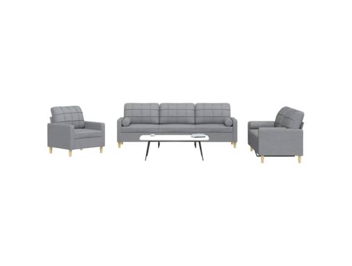 HEFZGDB 3-TLG. Sofagarnitur mit Dekokissen Hellgrau Stoff Sofa Set Wohnzimmer Polsterstoff Bezug atmungsaktiv strapazierfähig Metallrahmen stabil gepolsterte Sitzflächen Armlehnen