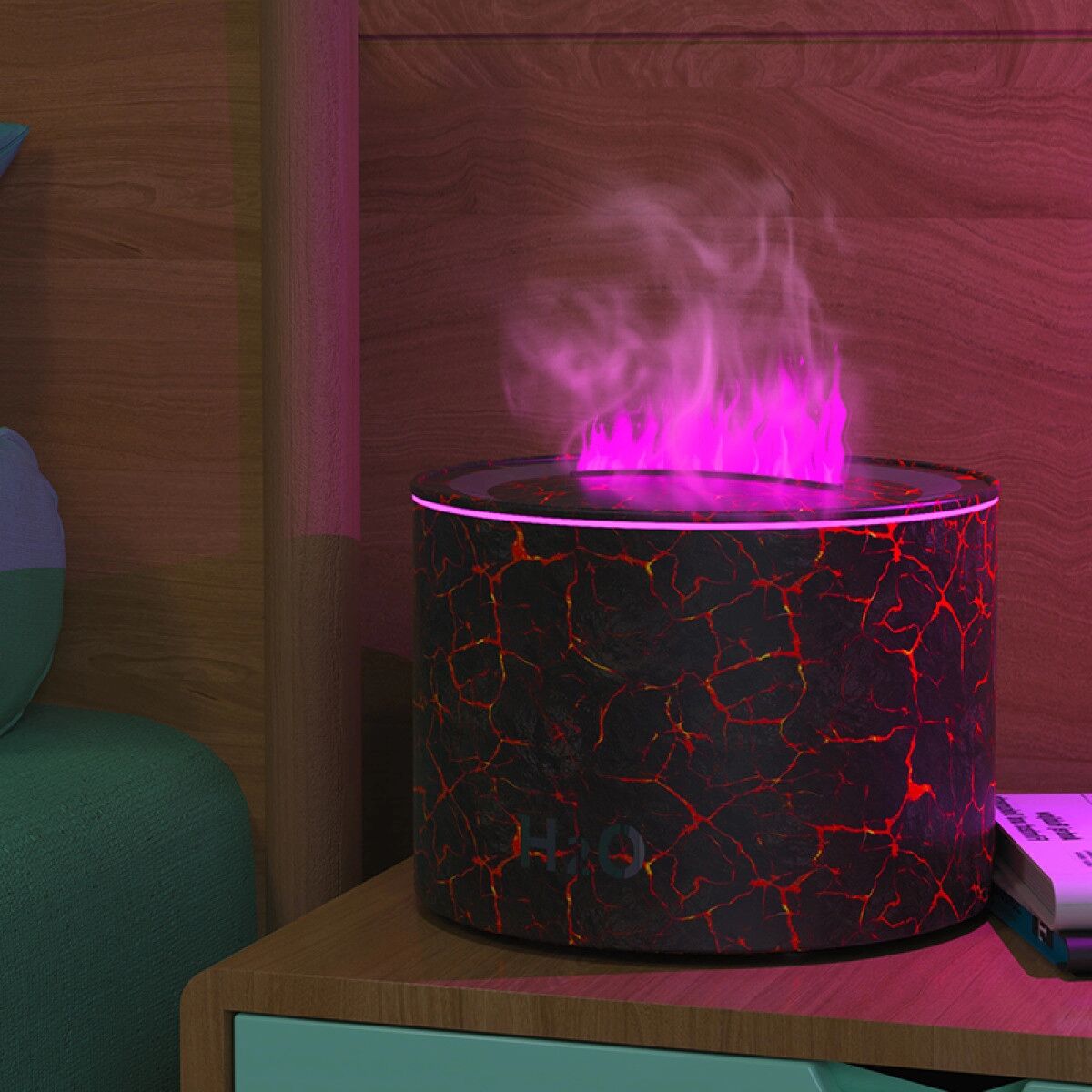 INF Humidificateur volcan avec brume effet flamme, fonction aromatique et lumière d'ambiance à sept couleurs Multicolore