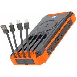 AccuCell Powerbank mit 4 Ladekabel, QI-Ladefunktion, Solar Panel, LED Licht (20000 mAh, 74 Wh), Powerbank, Orange