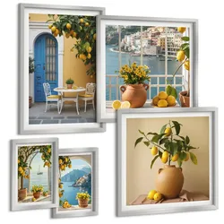 BILDER SET 5er Set - 50x50 cm & 20x30 cm & 40x60 cm Silberner Rahmen - Meereslandschaften, Zitronen, Fenster