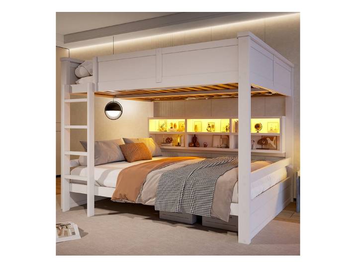 Flieks Etagenbett, Kinderbett 160x200cm mit LED-Beleuchtung, Stauraumregal und Leiter