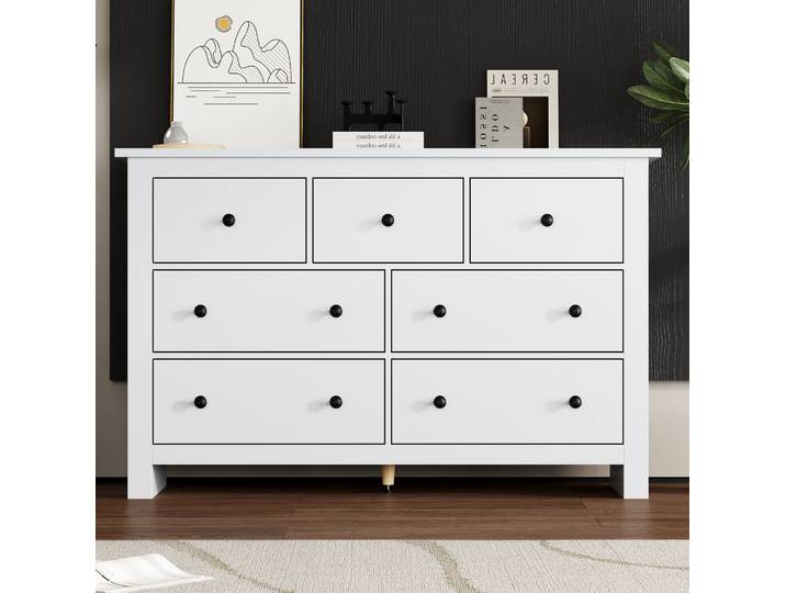 Buffet 152x40x89 Cm Blanc En Panneaux De Particules Avec 7 Tiroirs Et Pied Central Réglable