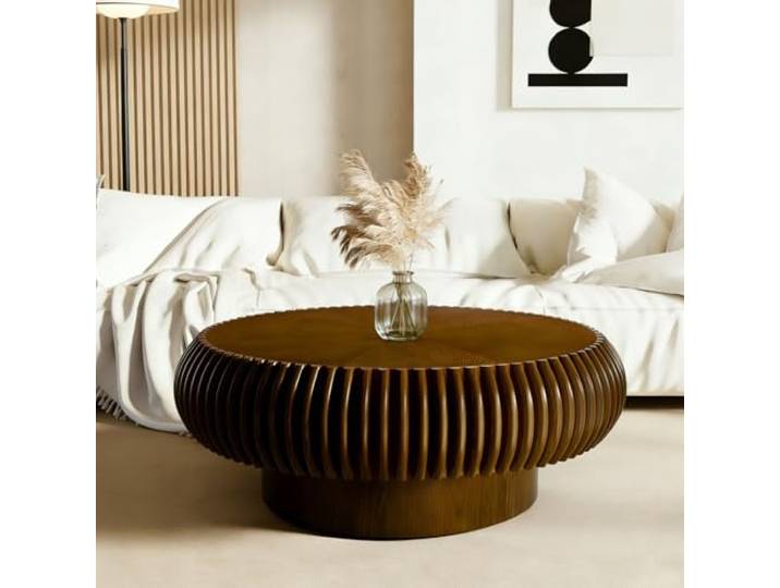 YYZIWYUN Runder Couchtisch (80 cm) Moderne, Einzigartige, Runde, Geriffelte Teetische Handgefertigter Runder Couchtisch Für Wohnzimmer, Kleine Räume Und Wohnungen, Einfache Montage,Walnut 80cm