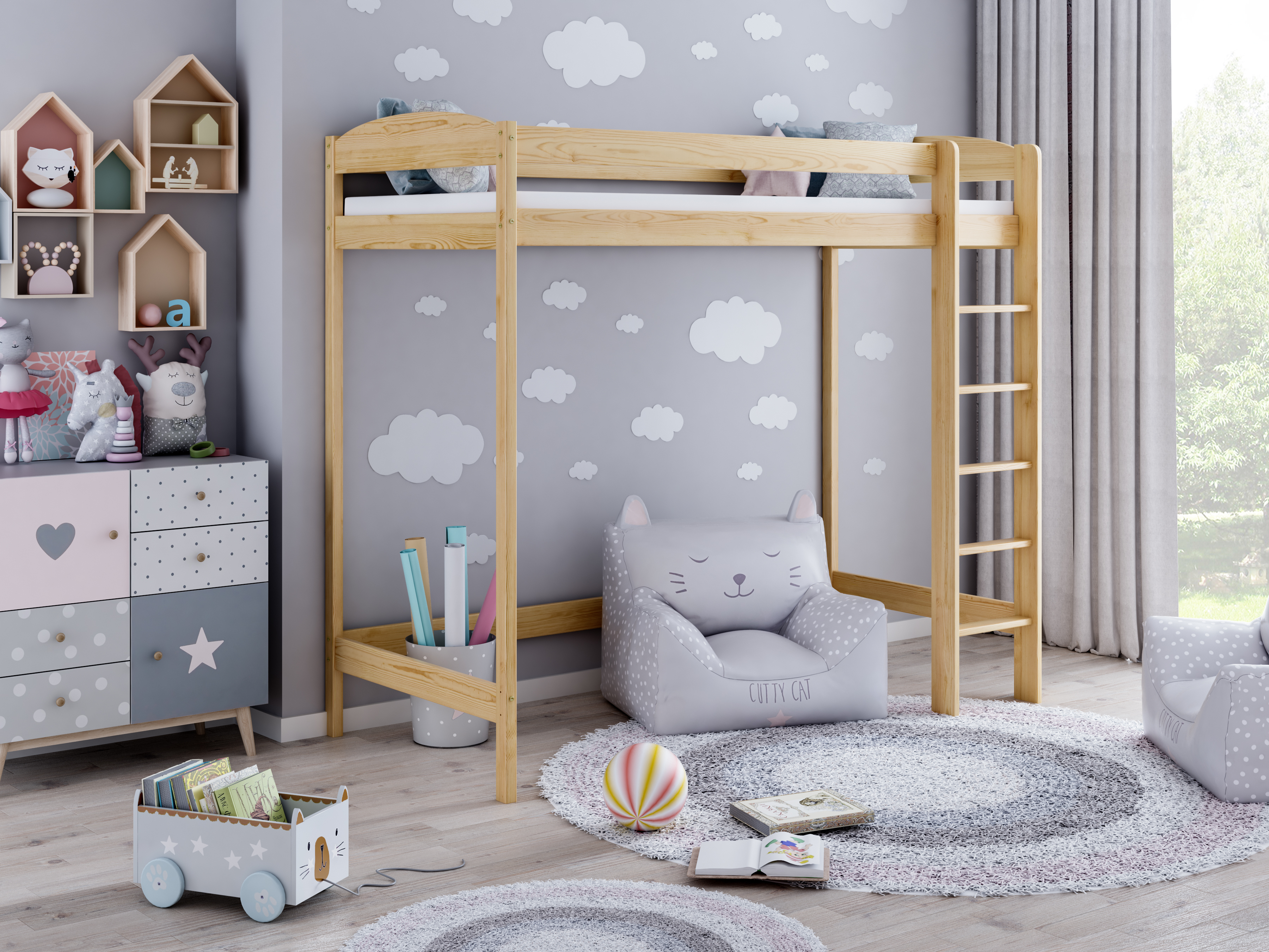 Loft Bed Etagenbett Hochbett Mit Treppe Kinderhochbett Hoch Bett Erwachsene Jugendliche Kinder, 190x90x160 natürlich