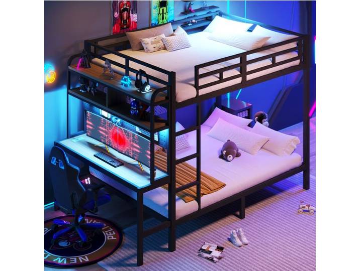 VUENOR Lit superposé 140x200 cm noir – bureau intégré LED USB