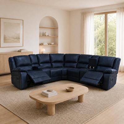 UR livingroom Faux Leather Reclining Sectional Sofa with Multi-Function Console, Living Room Set