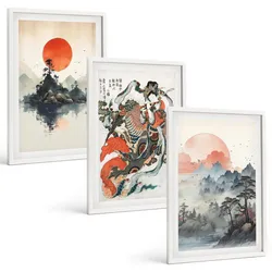 BILDER SET 3er Set - 40x60 cm Weißer Rahmen - Asiatische Japandi-Malereien