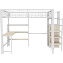 MODFU Hochbett Metall & MDF Weiß 140x200 cm mit Schreibtisch, Regalen und Kleiderschrank