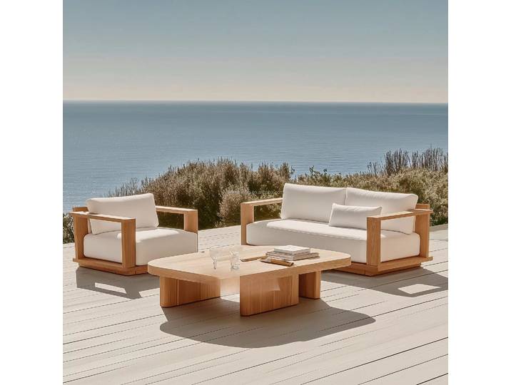 Ensemble de salon de jardin de luxe durable 2025, tissu imperméable, cadre en bois, hôtel, villa, parc, cour