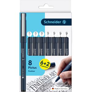 Schneider Fineliner Pictus, 197598, schwarz, Strichbreite 0,05 - 0,9 mm, wasserfest & dokumentenecht, 8 Stk