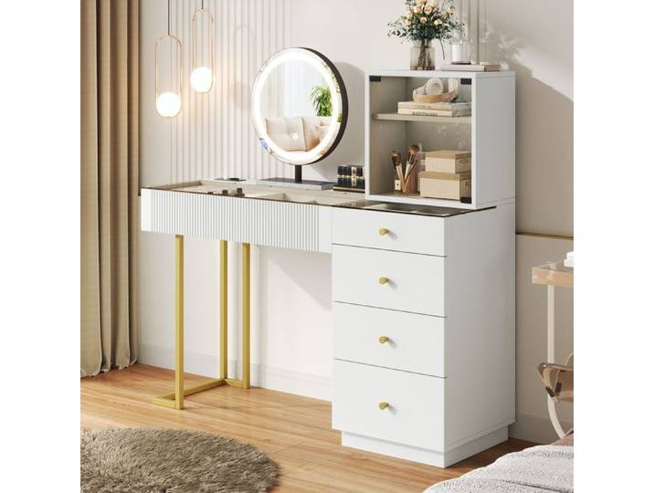 Coiffeuse LED 120 x 40 x 120 cm verre 5 tiroirs blanc