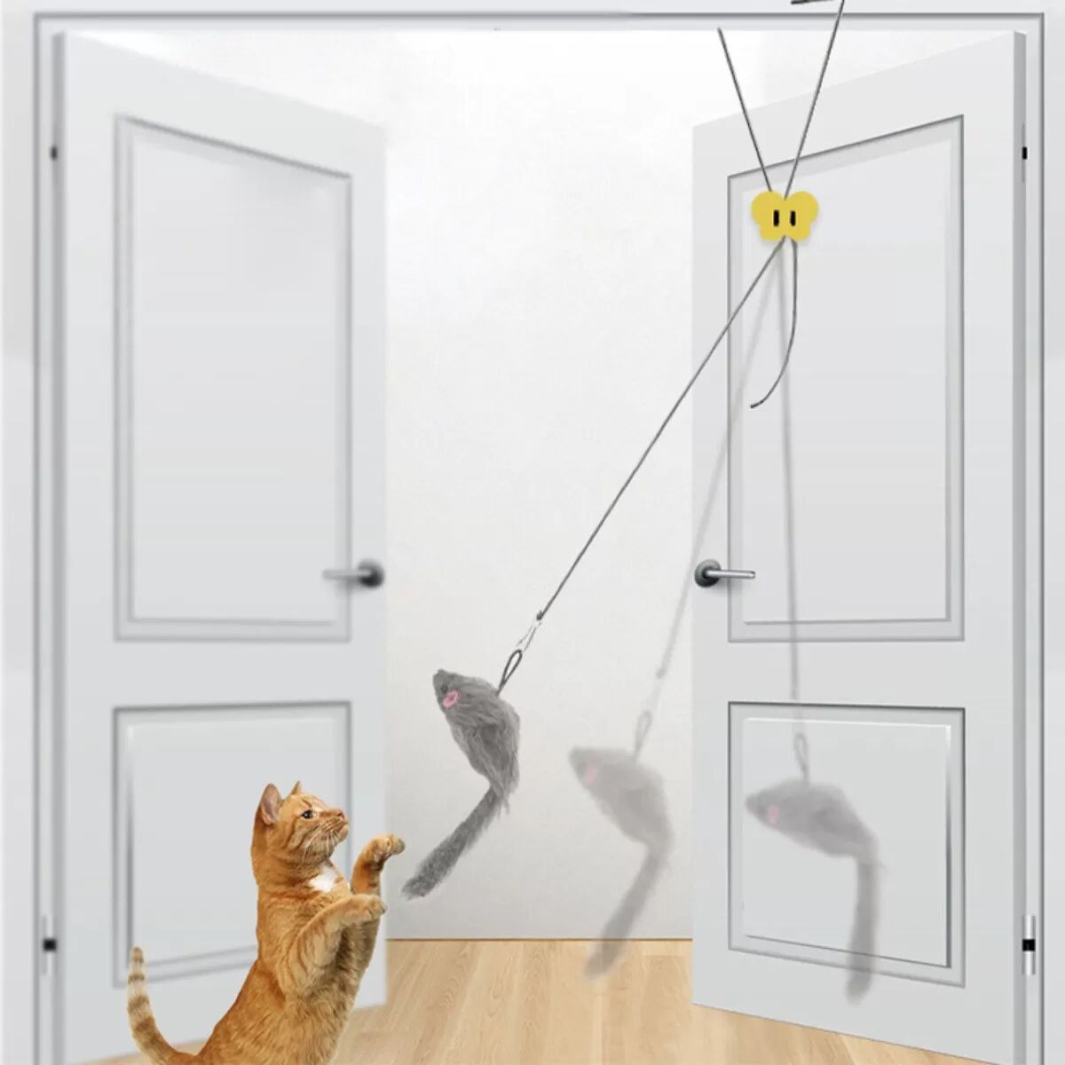 INF Türhängende Plüschmaus Katzen-Spielzeug (5er Pack) — Dreiecksklammer mit elastischem Seil für schwingendes Interaktionsspiel