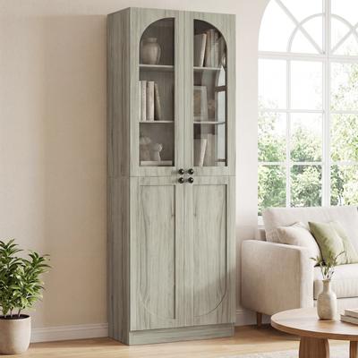 Rackcog 80'' H Bookcase with Arched Glass & Solid Doors, Modern Display Bookshelf Storage Cabinet for Living Room, Bedroom, Home Office