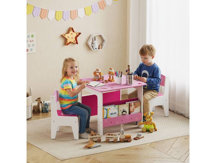 AIYAPLAY Table et 2 Chaises Enfants 3-8 Ans MDF Rose