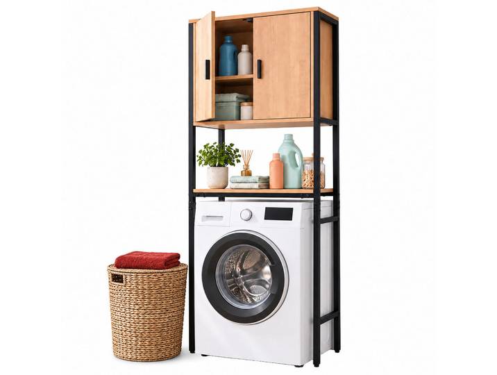 Relaxdays Waschmaschinenschrank Hellbraun schwarzes Metall 170x64x27 cm, Holzwerkstoff, Metall, 64x170x27 cm, Waschküche, Waschmaschinenschrank