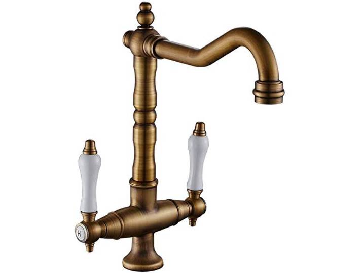 SXLSZ Küche Wasserhahn Mischbatterie,Antik Nostalgie Messing Landhaus Küchenarmatur,360°Schwenkbar Mit 2 Keramisches Griffe, Zweigriffmischer Spültischarmatur -Chrome,1