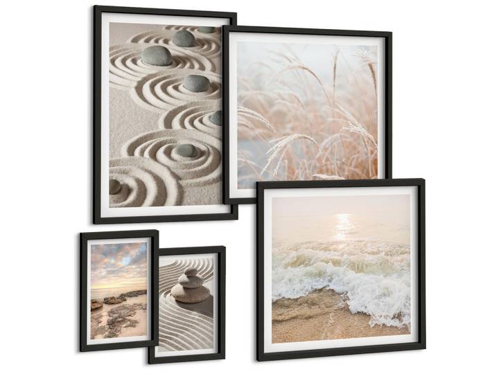 BILDER SET 5er Set - 50x50 cm & 20x30 cm & 40x60 cm Schwarzer Rahmen - Blumen im Wasser des Buddha-Wasserfalls