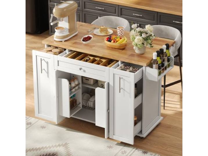 Merax Küchenwagen mit Klappbarer Arbeitsplatte, Sideboard mit Rollen zum Feststellen, Kücheninsel mit 3 Schubladen und 2 Türregalen für Küche, Esszimmer und Wohnzimmer, 45(70) x120x87cm, Weiß