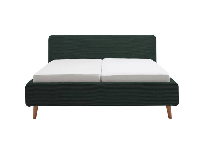 Bett Senja Dunkelgrün, Natur Stoff, Eiche Massivholz 180 x 200 cm - Bett