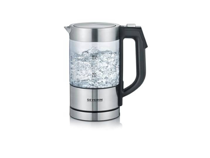 SEVERIN Bouilloire en verre 100% sans BPA\, 1 100 W\, Petite bouilloire réglable par palier de 5°C\, Capacité : 0\,5 L\, Fonction Maintien au chaud\, Bouilloire électrique compacte\, verre/inox\, WK 3458