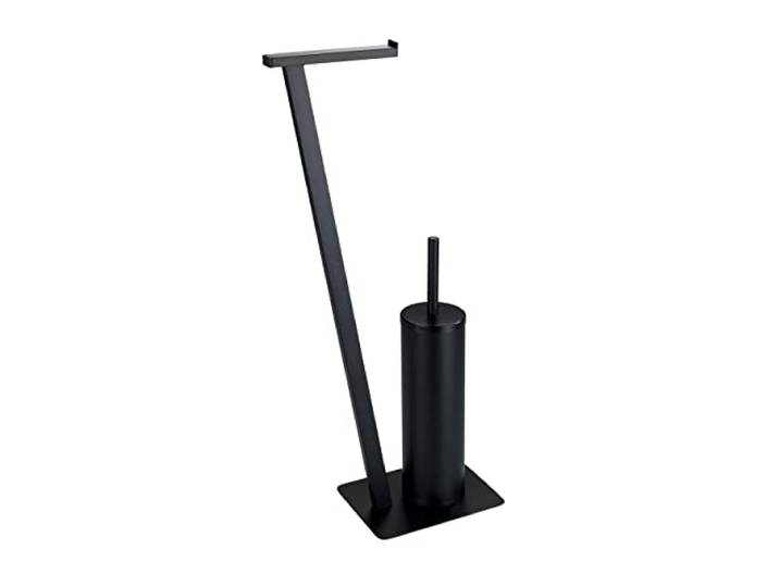 WENKO Stand WC-Garnitur Lirio, Ständer für Toilettenpapier & Toilettenbürste, WC-Papierhalter, stehender Rollenhalter inkl. Bürste, lackierter Stahl, 15 x 68,5 x 30 cm, Schwarz matt
