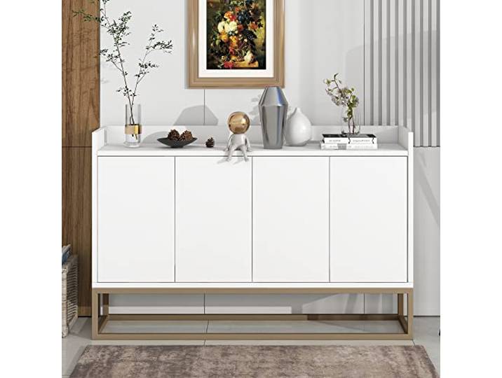Merax Sideboard Kommode im minimalistischen Stil, Modernes Buffetschrank mit 4 Türen, Metallbeinen, Schubladenkommode mit Verstellbares Regal, Mehrzweckschrank für Esszimmer, Wohnzimmer, Küche, Weiß