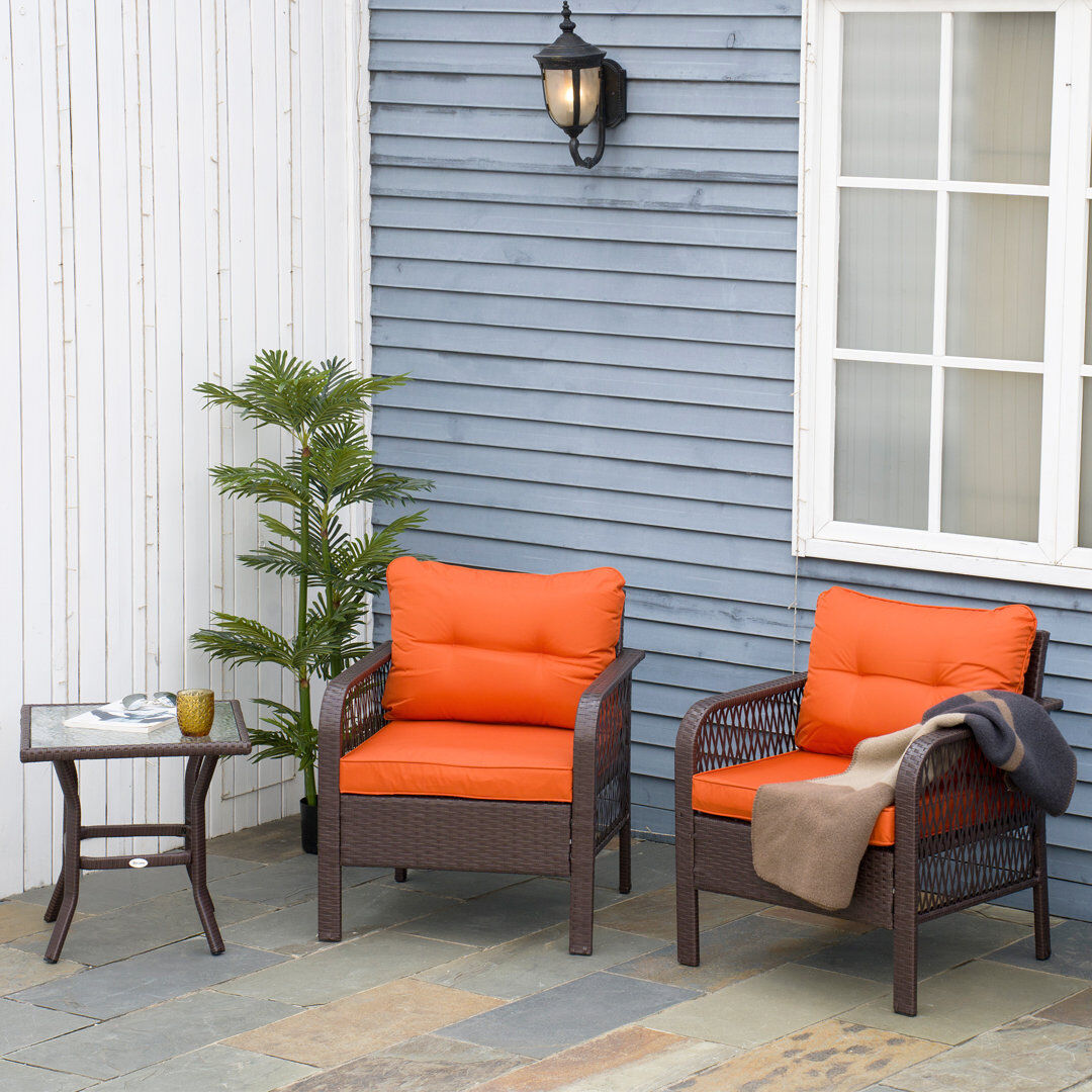 Outsunny Zolotas 3 Pieces Rattan Bistro Set Glass Top Coffee Table Orange Orange 2