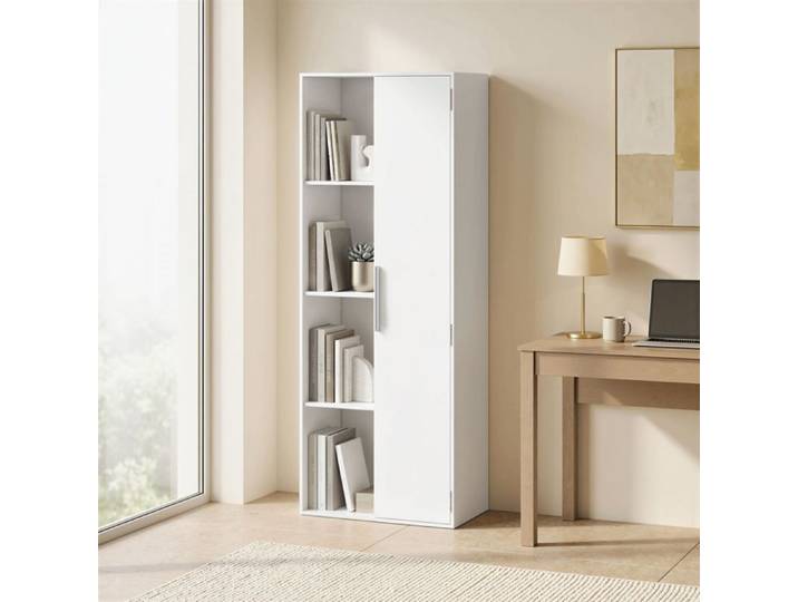 Bibliothèque 4 niveaux blanche avec étagères réglables armoire et portes pour salon ou bureau