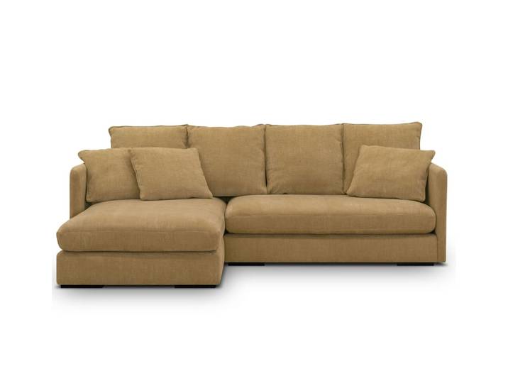 Ecksofa links, 4/5-Sitzer, aus ockerfarbenem Slub-Polyester-Baumwoll-Gewebe
