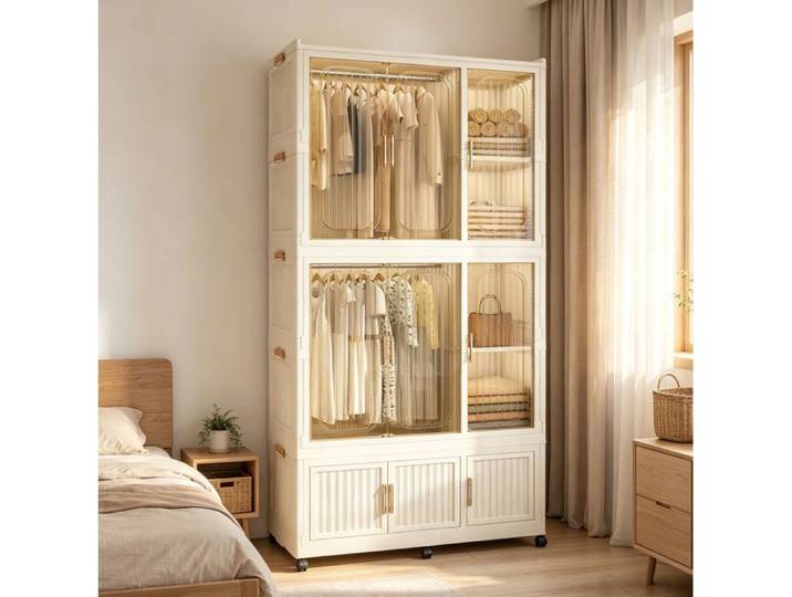 MEUBLIV Armoire modulable pliable en PP 9 portes magnétiques 2 tringles roulettes verrouillables blanc crème