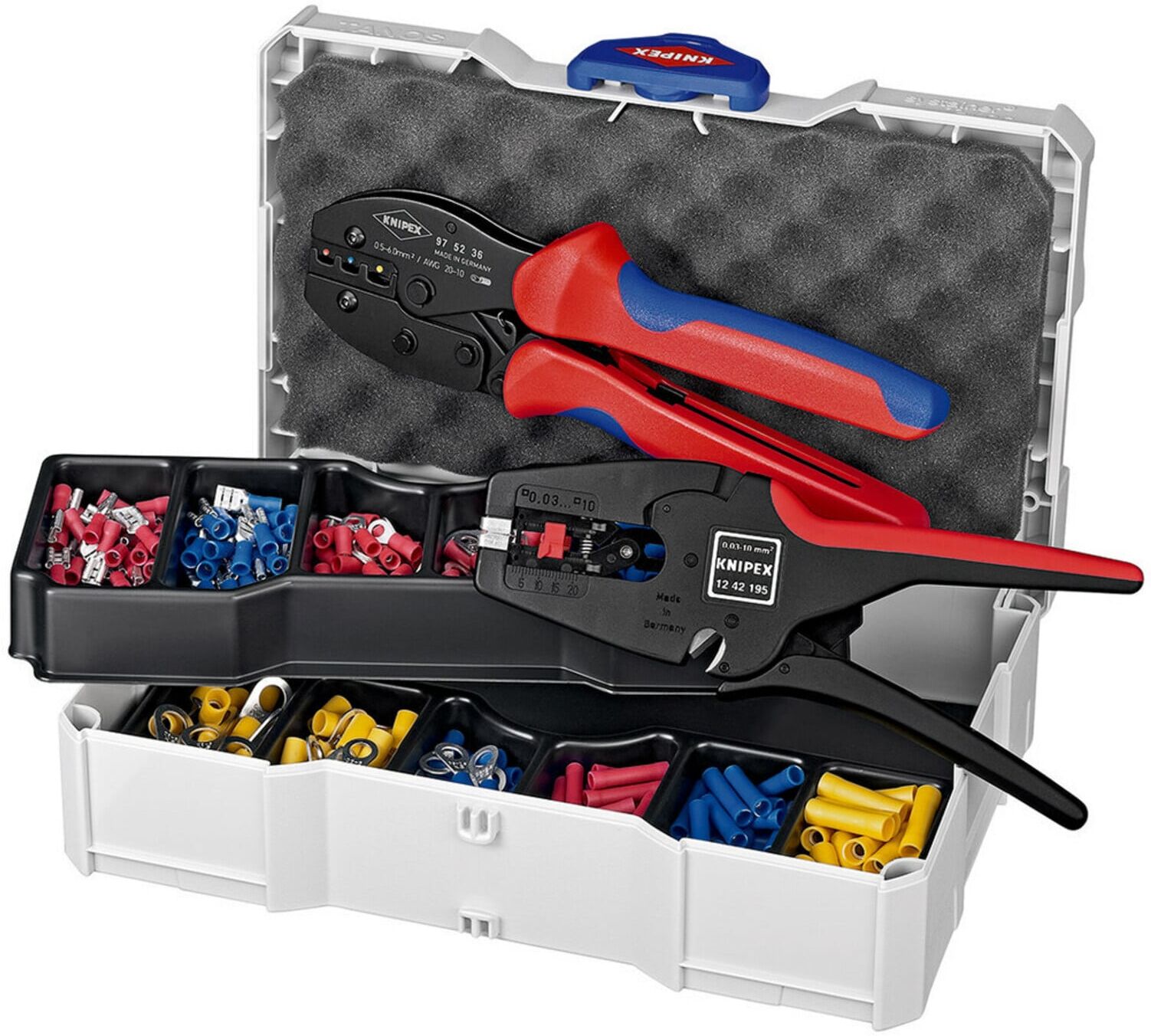 Knipex 97 90 22 Crimp-Sortiment für Kabelverbinder mit Crimpzange, Crimpeinsätzen und Koffer L265mm)
