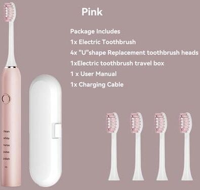 Uplifted Finds Rechargeable Sonic Electric Toothbrush With 4 Replacement Heads 5 Modes 3 Intensities And Smart 2 Minute Timer pink With Case