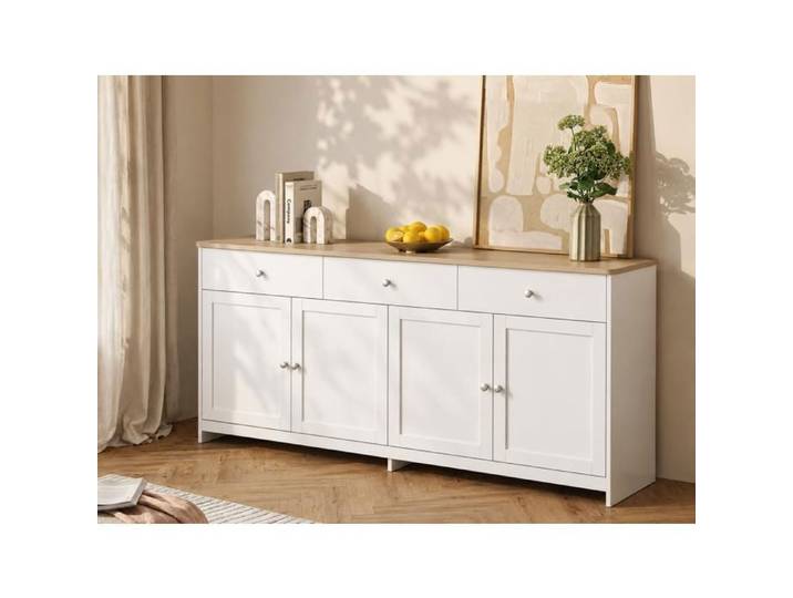 Buffet Salle a Manger Buffet Bas avec 3 tiroirs et 4 portes Blanc et bois Meuble de Rangement Buffet Cuisine Moderne 160x37x75cm