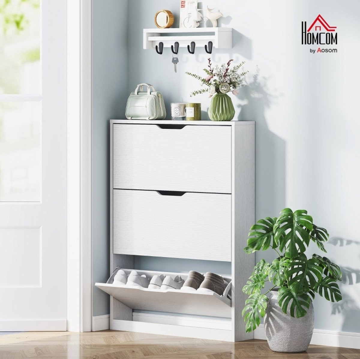COVREO Schoenenkast wit met 3 klappen, smal, voor 12 paar schoenen, B/D/H: 80 x 17 x 108 cm