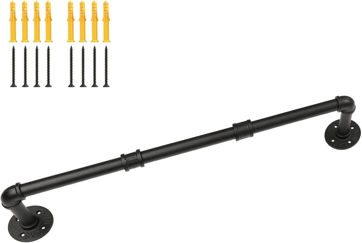 Industriële kledingstang wandrek van metaal in zwart, Breedte: 74 cm
