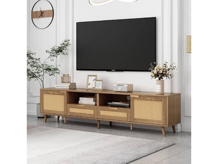 OUNICE Rattan TV Schrank, Holz TV-Ständer 200cm Länge mit Praktischer Lagerung, Massivholz Beine, TV-Ständer für Wohnzimmer Schlafzimmer, Hellbraun, 200 x37x49cm