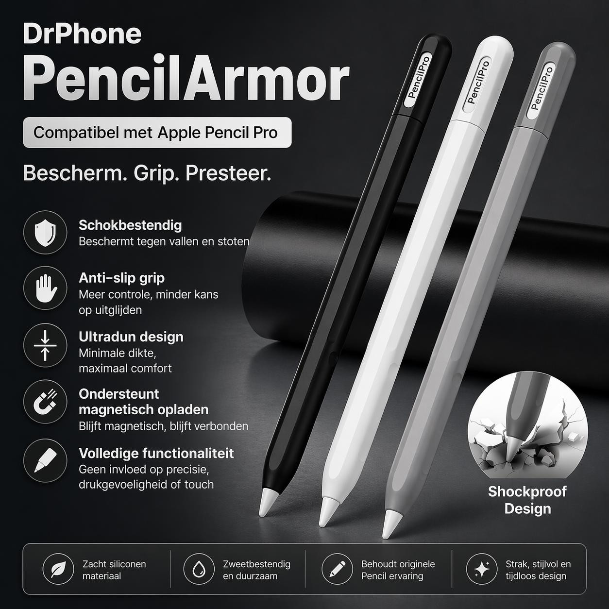 DrPhone PencilArmor Siliconen Case voor Apple Pencil Pro - Grijs