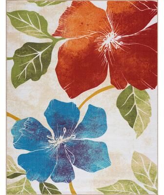 Beverly Rug Bahamas Black White Floral Non-Slip Rubber Back Indoor Area Rug