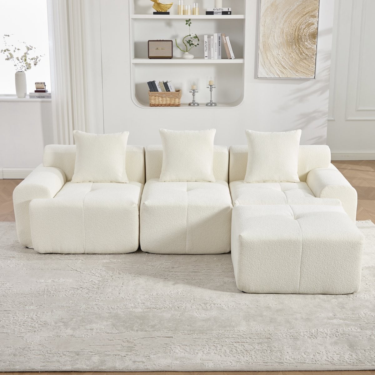 Zubaliya Modulaire L-Bank 3-Zits Chenille Cloud Sofa met Hocker in Beige