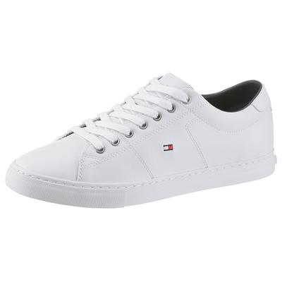 Sneaker TOMMY HILFIGER "ESSENTIAL LEATHER SNEAKER", Herren, Gr. 41, Textil, weiß, Leder, Schuhe Sneaker, Freizeitschuh, Halbschuh, Schnürschuh mit Flaggenstickerei