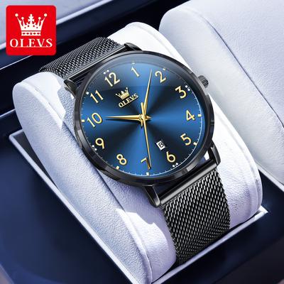Trendy Discount Goods Top Brand OLEVS Men Fashion Quartz Watch, Digital Dial Waterproof Watch For Men, Auto Date Wristwatch Minimalist Style wd black Blue