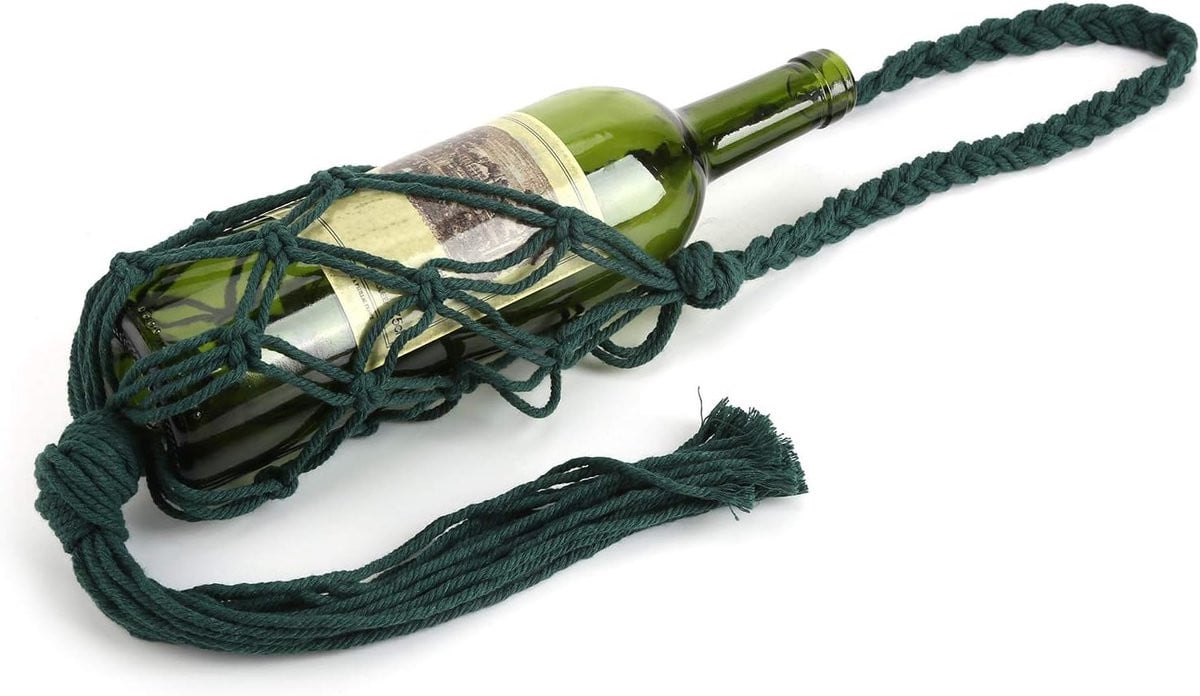 Allecto Plus Hangende wijnfles decoratie groen - Handgemaakte macrame bohemian stijl van katoenen touw